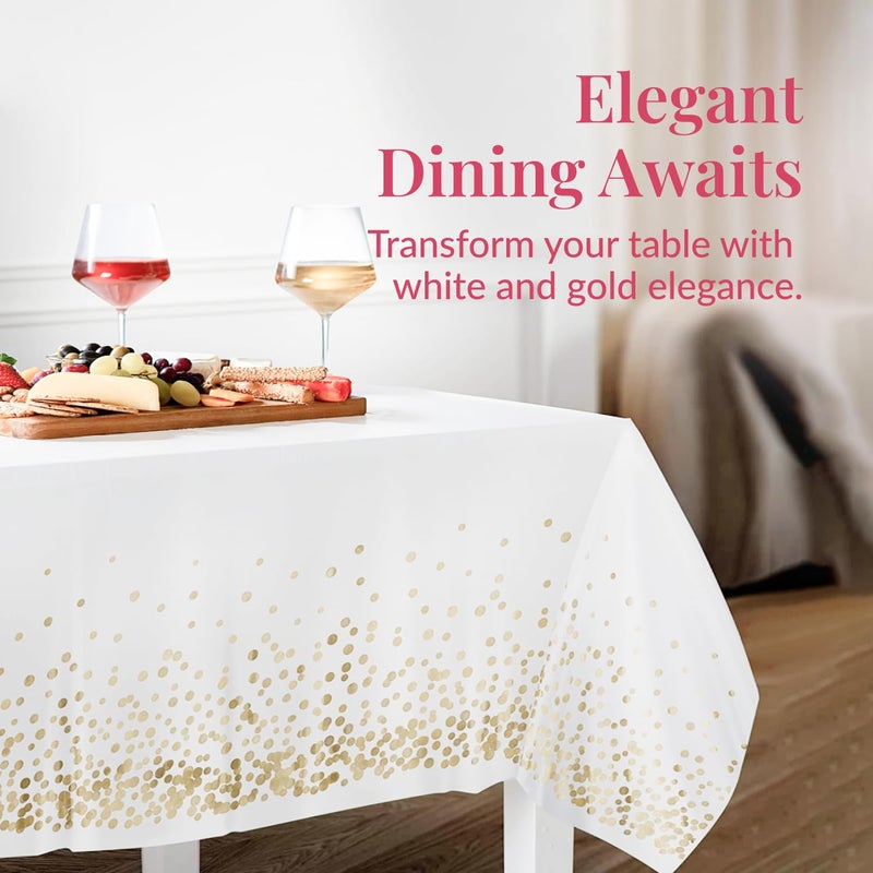 Prestee 12-Pack White and Gold Tablecloth - 54x108 Inch - Disposable Table Covers for Party, Weddings, and Holidays - Waterproof Christmas Tablecloth, Stain-Resistant Plastic Table Cover Set - Image 2